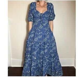 Caroline Constas Midi Dress Sz S Tiered Smocked A-Line Midi Maxi Puff Sleeve